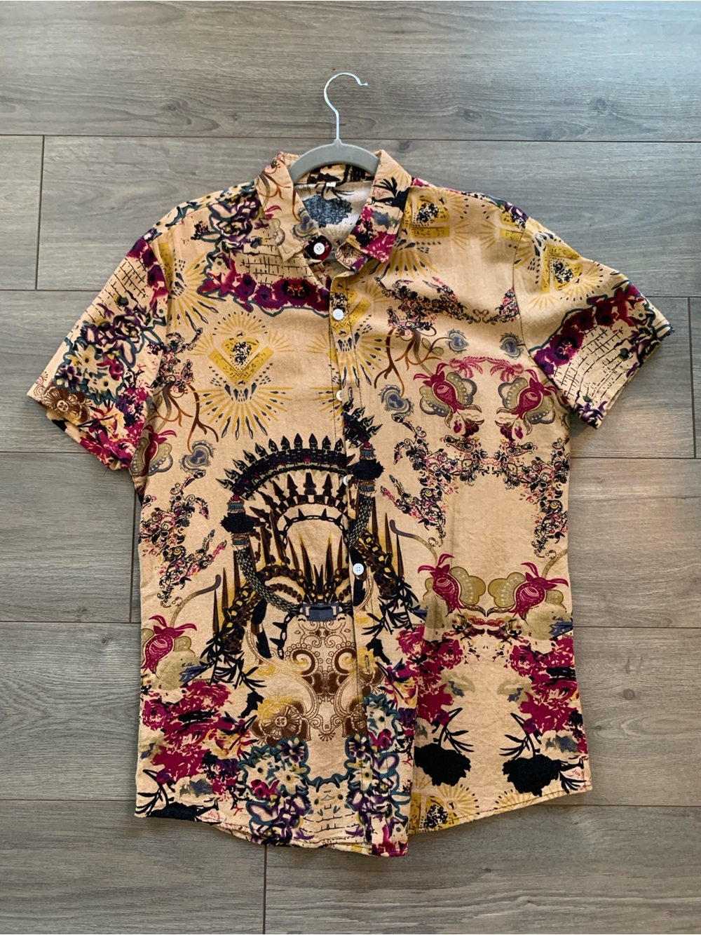 Men's Casual Short-Sleeve Button-Down Shirt - Beige Floral Print